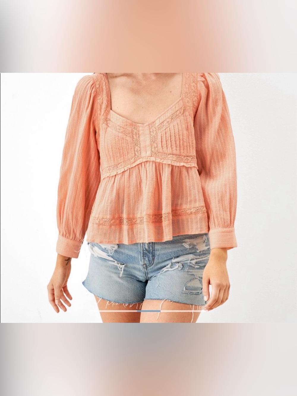 American Eagle Peach Lace-Trim Peasant Blouse Long Sleeve Babydoll M 100% Cotton